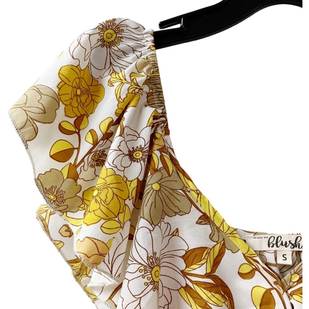 HINT OF BLUSH Tiered Floral Faux Wrap Maxi Dress SMALL Yellow Ruffle Romantic - Picture 3 of 11